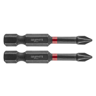 GRAPHITE Bit IMPACT PH 1 x 50 mm, S2 Staal Full Fit Kop, 2 stuks