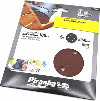 Piranha schuurschijf voor excentrische schuurmachine - &Oslash; 150 mm - Korrel 180 - Bosch &amp; DeWalt - 5 stuks - X32352