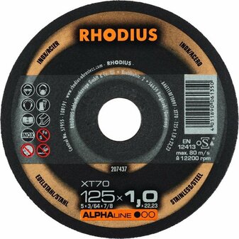 Rhodius ALPHALine I XT70 Doorslijpschijf - Extra dun - 125 x 22,23 x 1mm - RVS/Staal