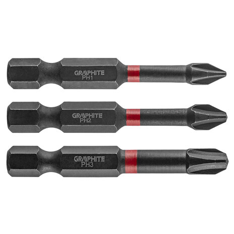 GRAPHITE Bit IMPACT PH 1 2 3 x 50 mm, S2 Staal Full Fit Kop, 3 stuks