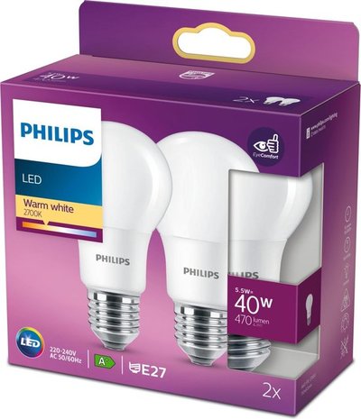 Philips LED Lamp E27 Mat 40W Warm Wit Licht 2 stuks
